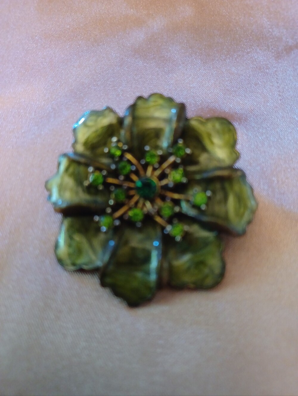 Vintage Green Enamel Layered Flower Brooch .